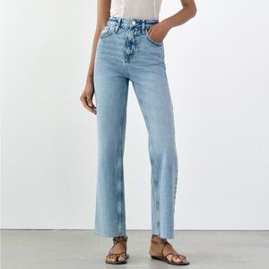 Zara high rise straight leg jeans in mid blue